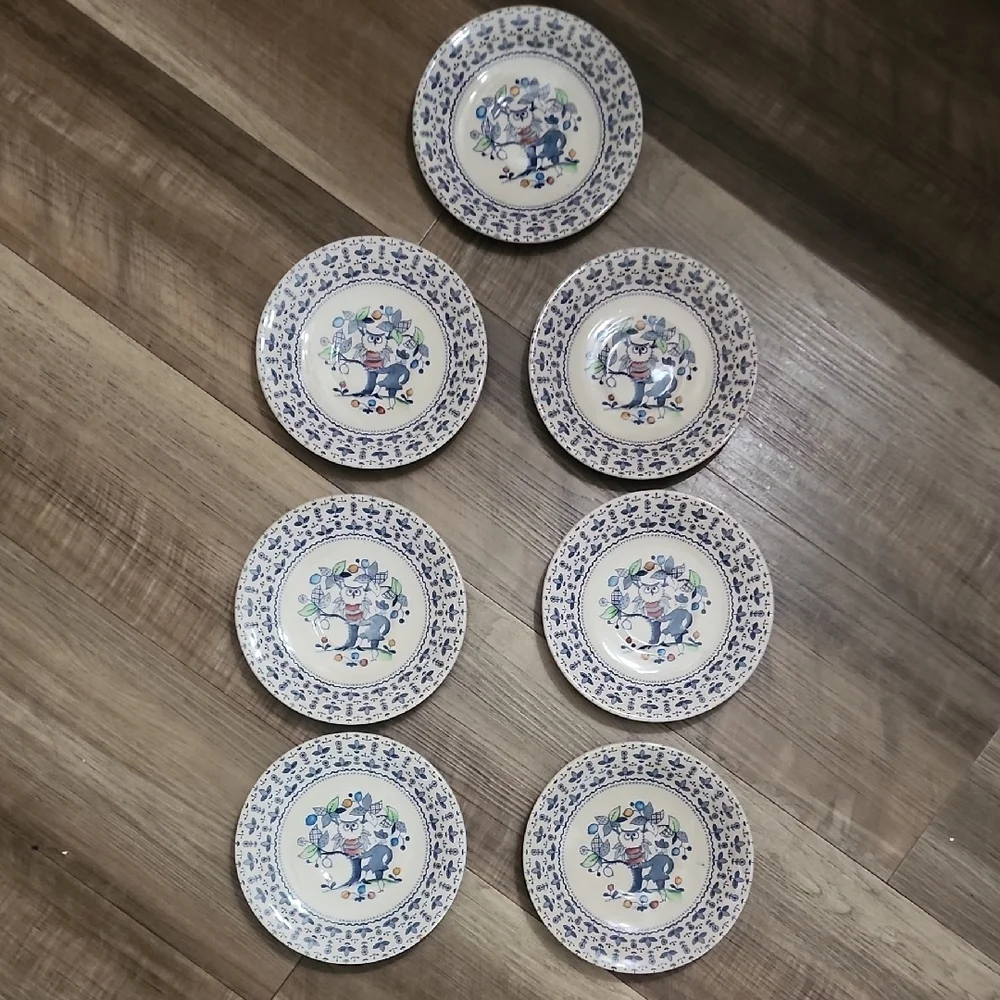 Sugar & Spice Owl Plates Set of 7 | 6” Vintage Folk Art Dessert Plates